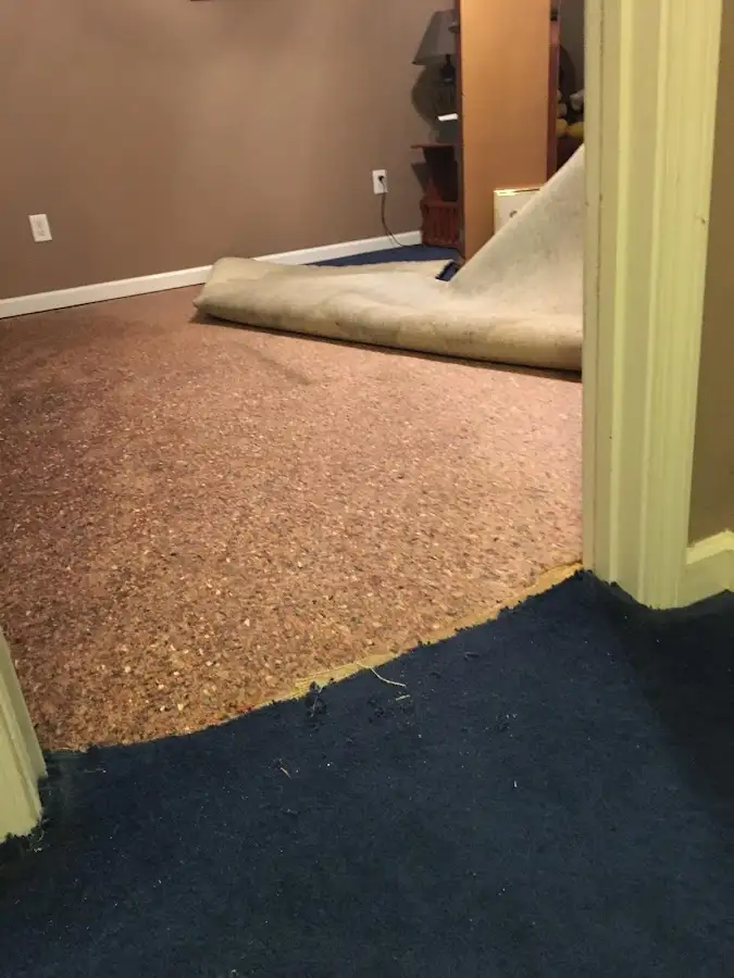 Carpet pad removal revealing water damage during Drying & Dehumidification in Springtown
